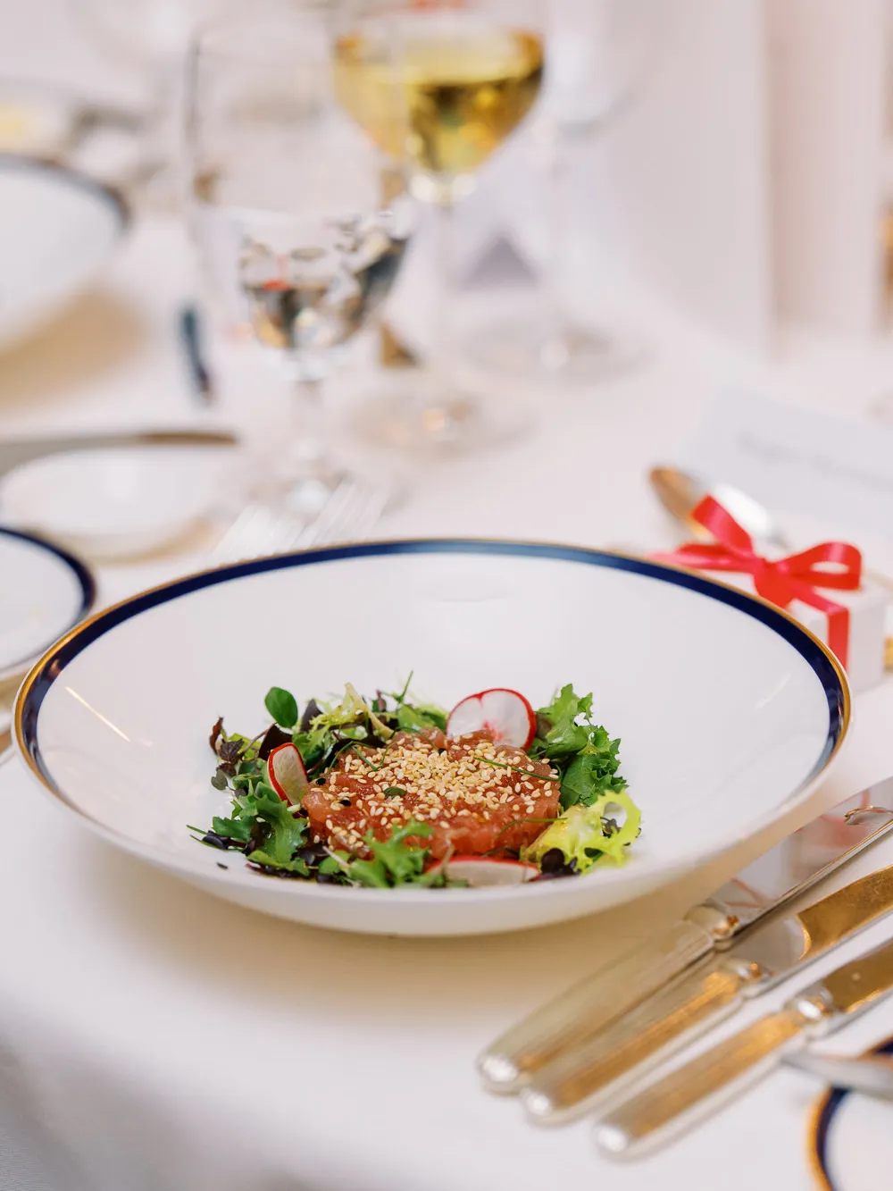 Close-up of an elegant gourmet food starter at a Geneva wedding reception - culinary detail by wedding photographer Geneva.