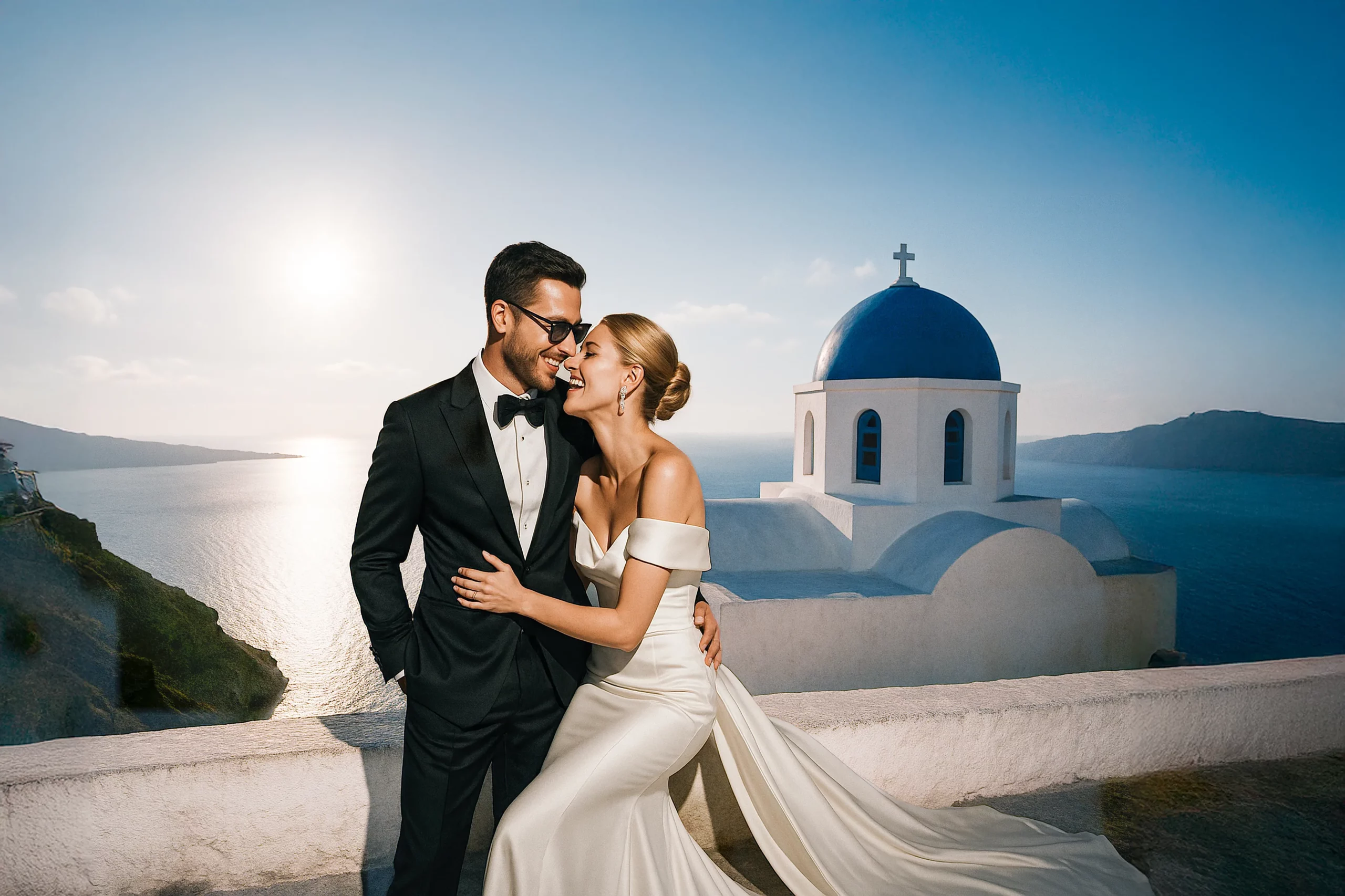 Stylish bride and groom embracing by a classic blue-domed church in Santorini, Greece - iconic wedding photo by wedding photographer Greece.