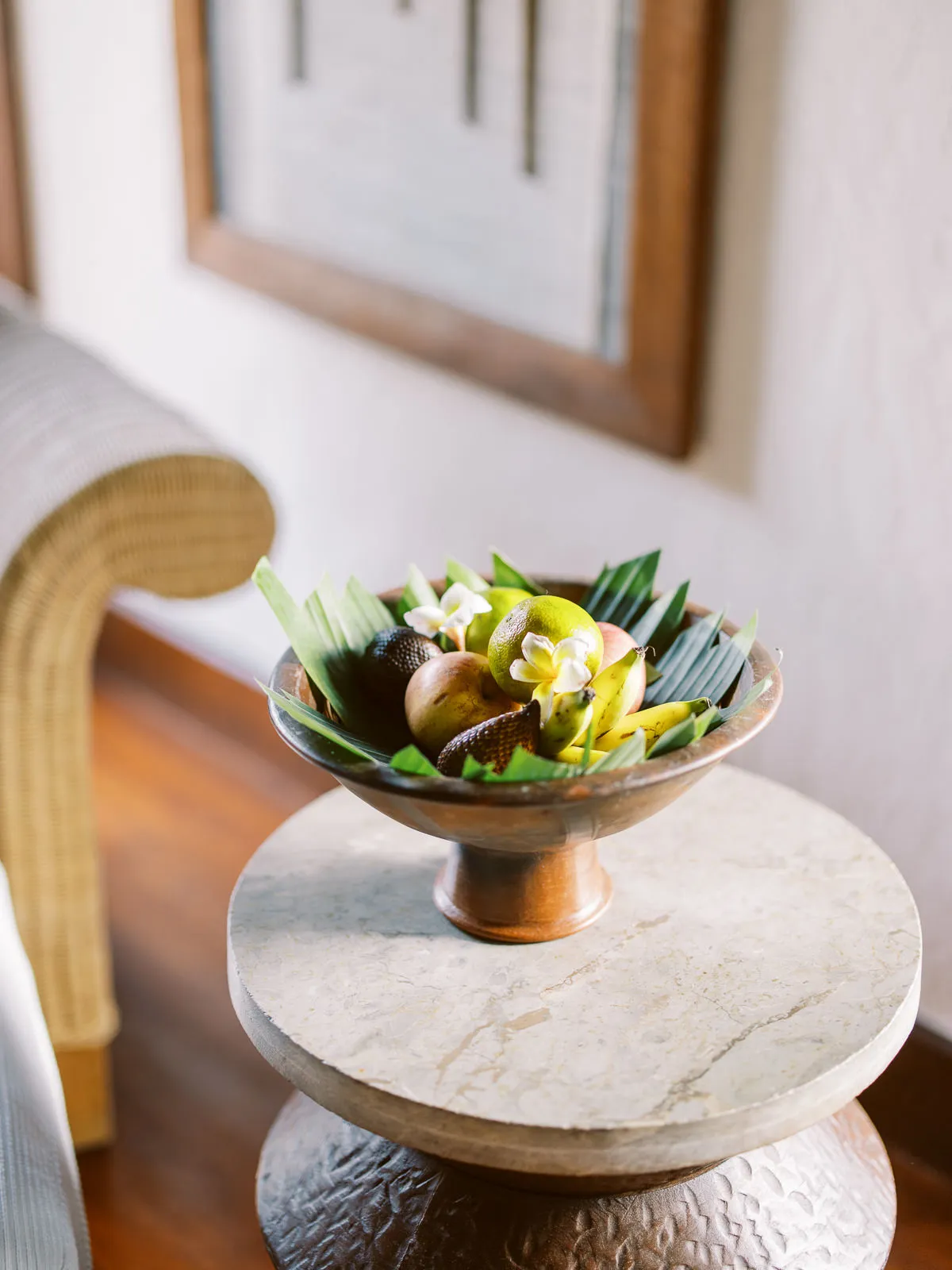 Bowl of fresh tropical fruit including salak and bananas in a Lombok villa - detail captured by wedding photographer Lombok.