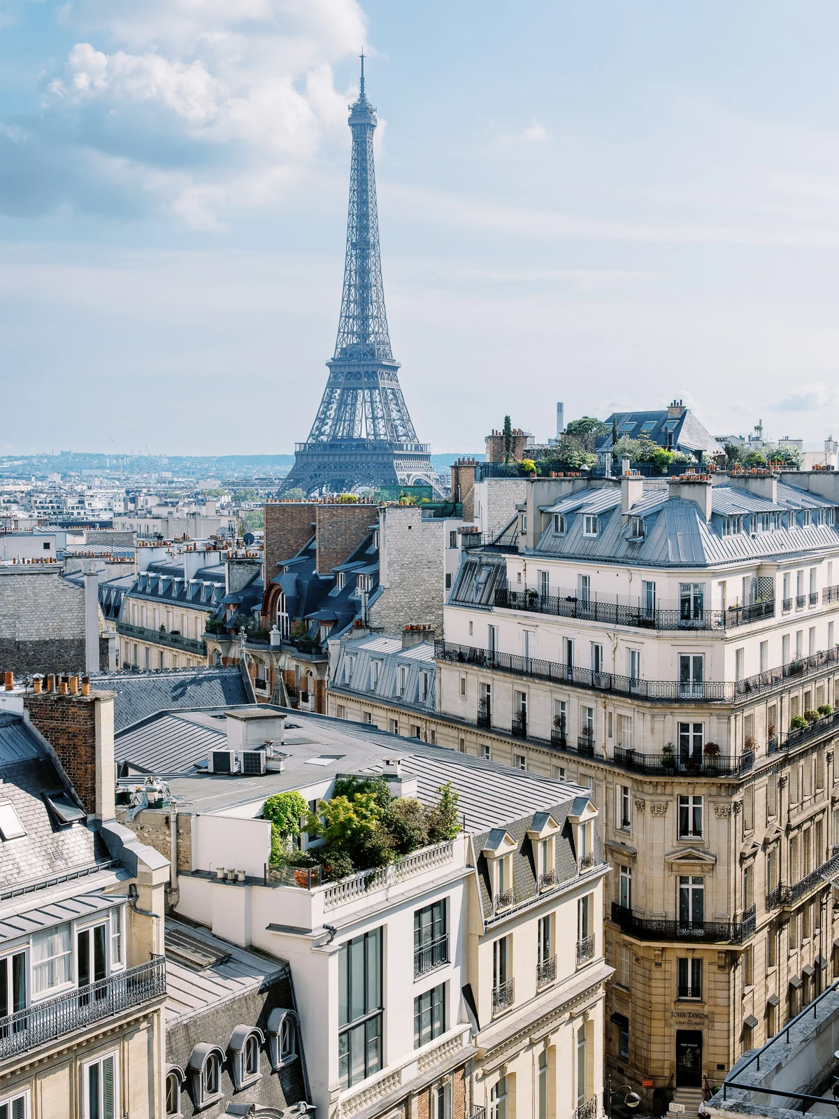 A vertical shot of the Paris skyline, featuring the Eiffel Tower and classic Haussmann-style apartment buildings with rooftop gardens. How Much Does a Photographer in Paris Cost?
