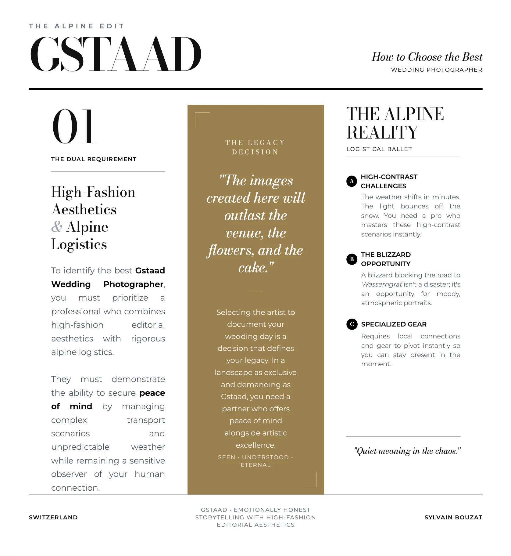 Guide page for choosing a Gstaad wedding photographer, focusing on alpine logistics and luxury aesthetics.