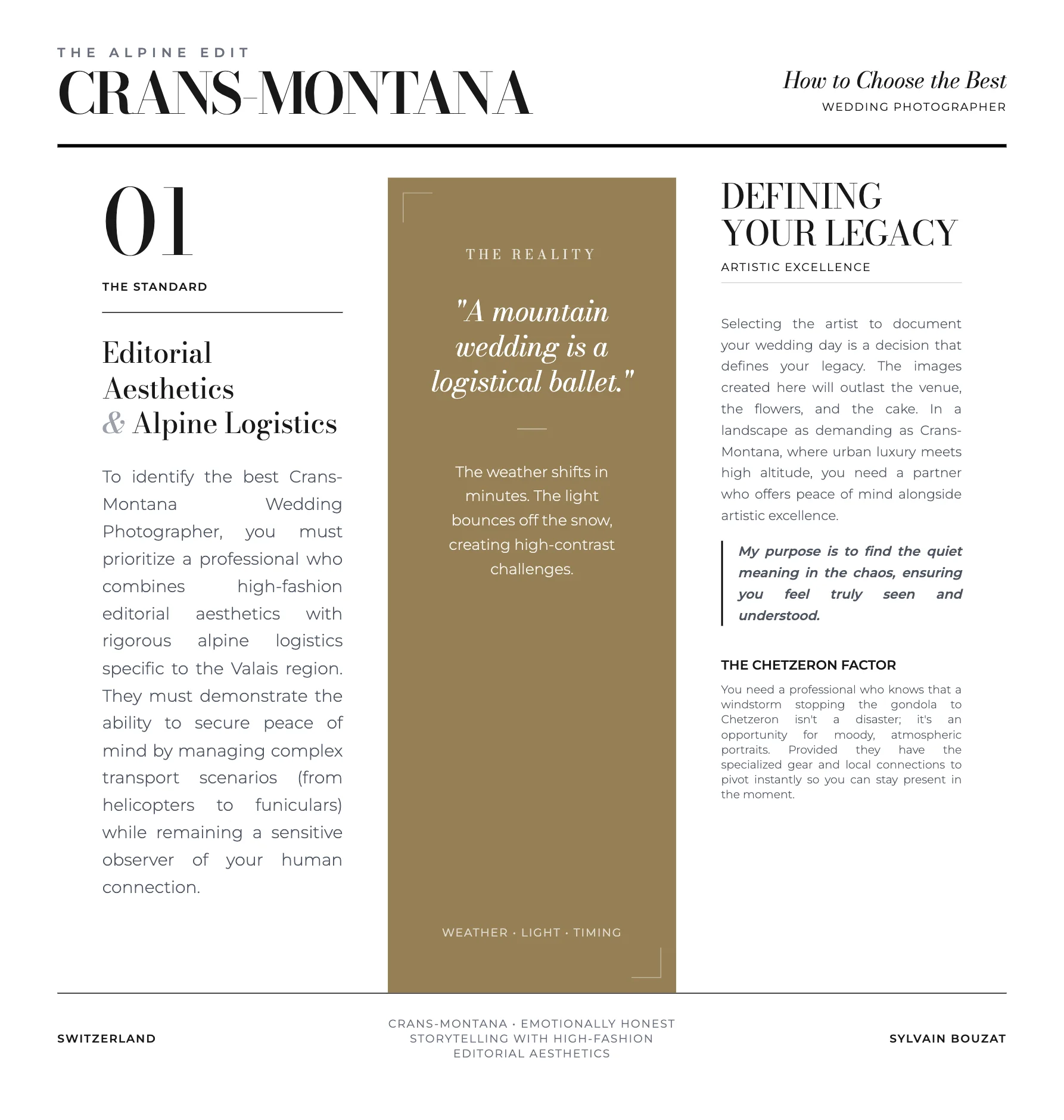 Editorial guide page detailing the choice of a luxury Wedding photographer Crans-Montana, emphasizing alpine logistics and high-fashion aesthetics.