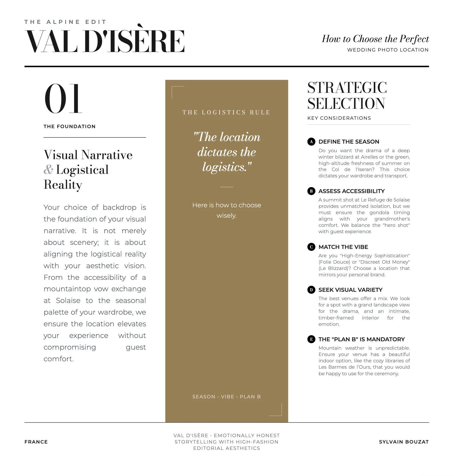 Editorial layout for Val d'Isère luxury wedding planning, featuring a wedding photographer's tips.