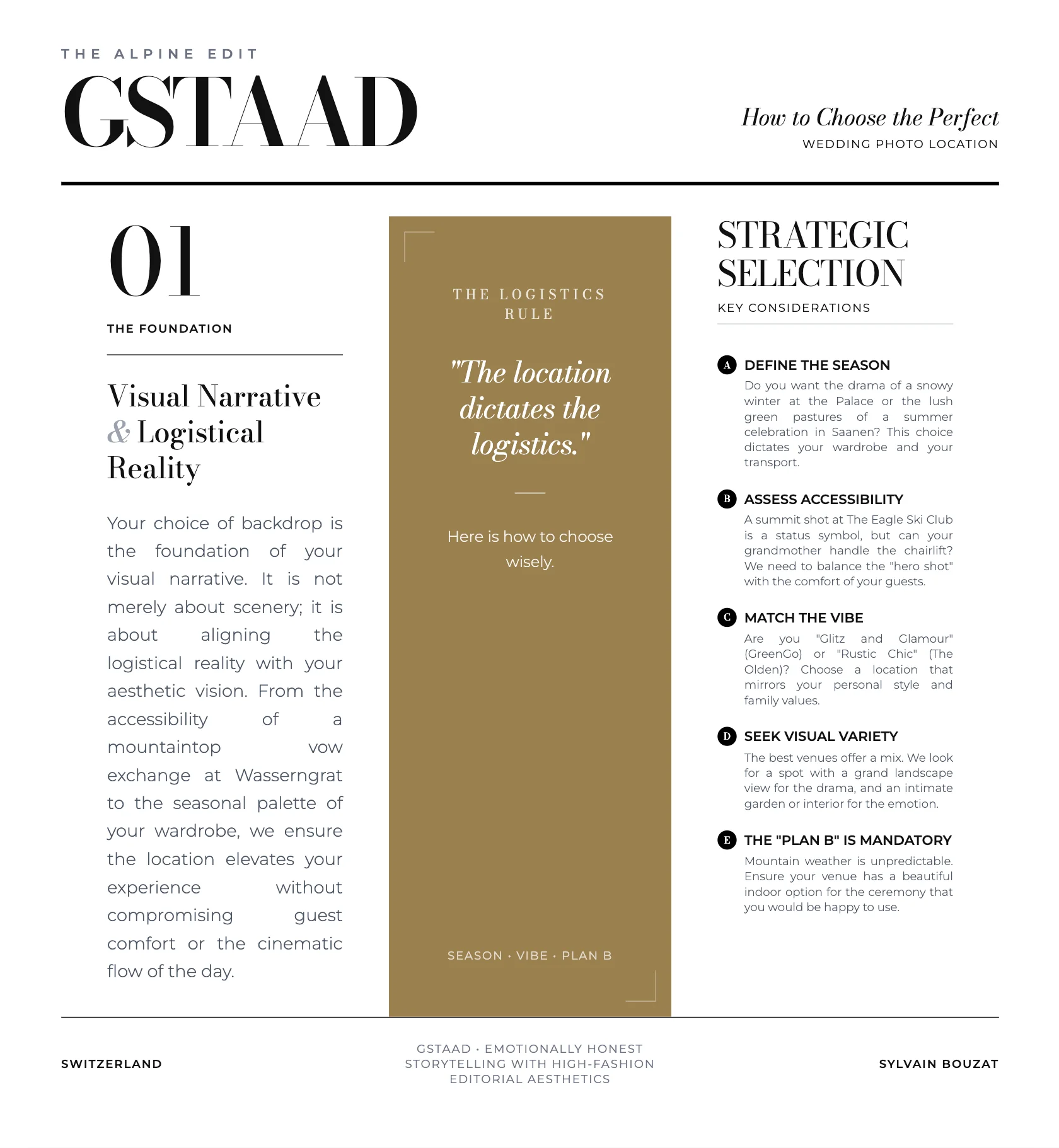 A comprehensive guide outlining strategic wedding photo location selection in Gstaad for couples.