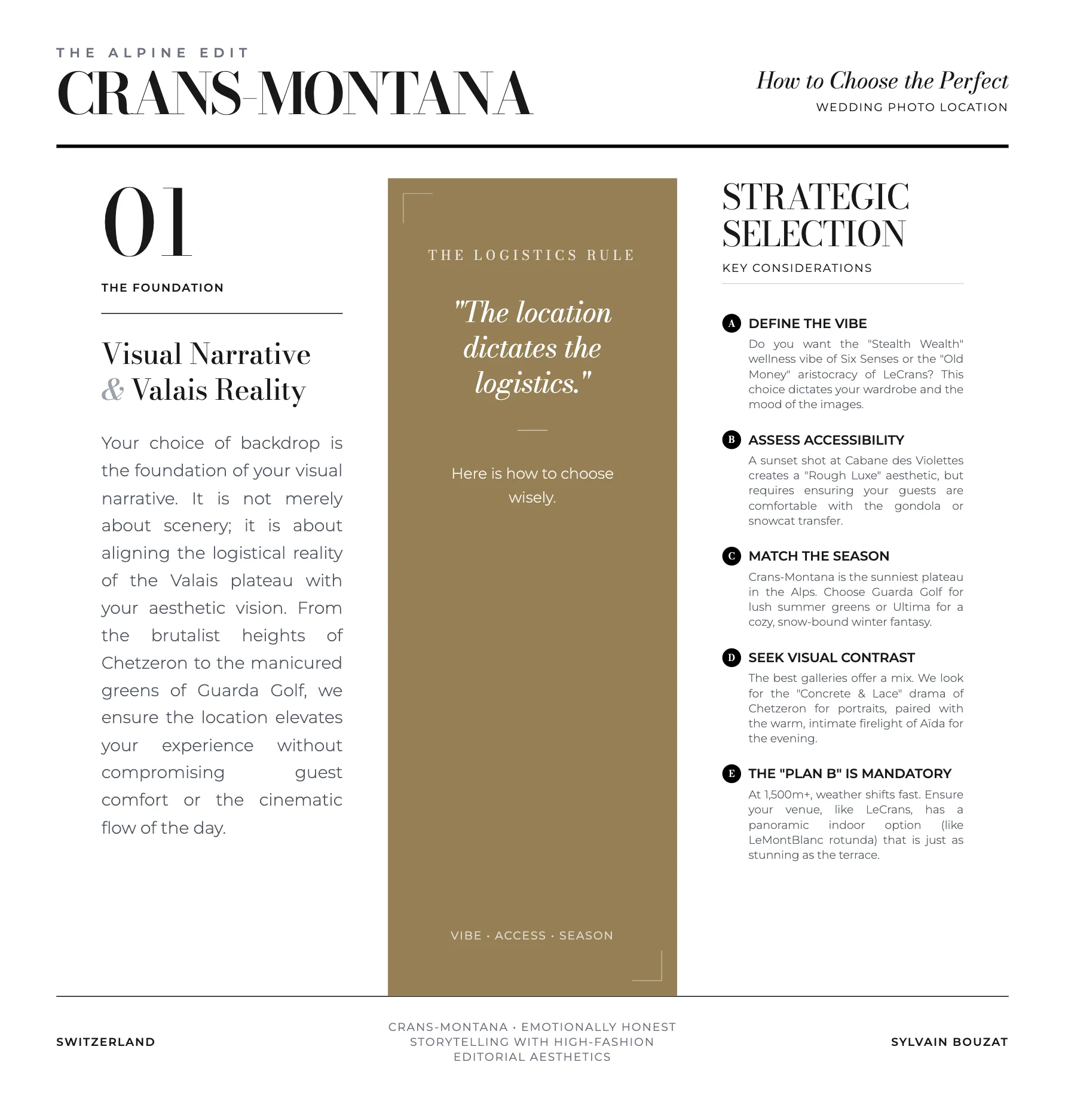 Sylvain Bouzat's Alpine Edit guide for luxury wedding photographer Crans-Montana location selection.