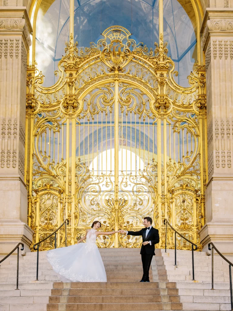 A joyful bride embracing her groom during a luxury session with a French wedding photographer.