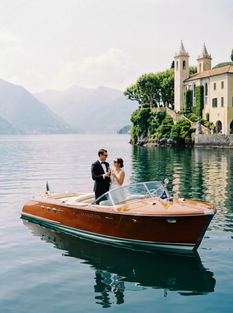 Couple toasting on a Riva boat at Lake Como. French wedding photographer wedding photographer.