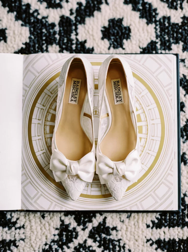 Badgley Mischka lace bridal shoes captured by a professional French wedding photographer wedding photographer during morning preparations.