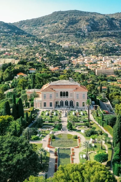Aerial view of Villa Ephrussi de Rothschild gardens captured by a French wedding photographer.