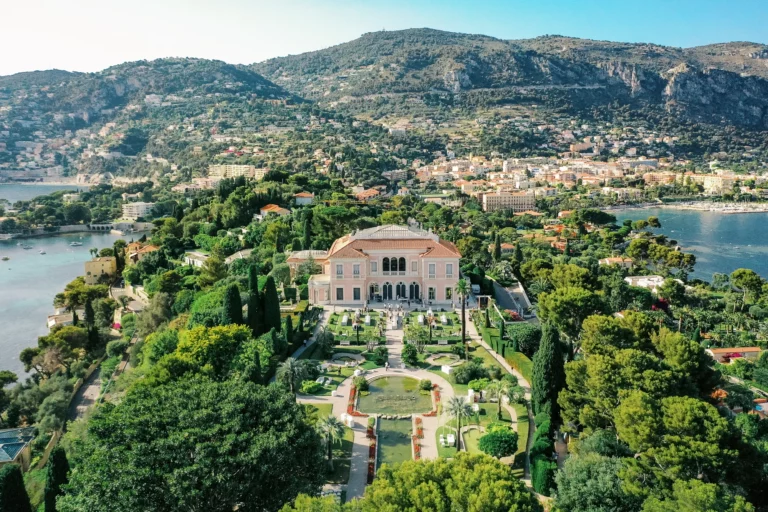 Aerial view of Villa Ephrussi de Rothschild gardens captured by a French wedding photographer.
