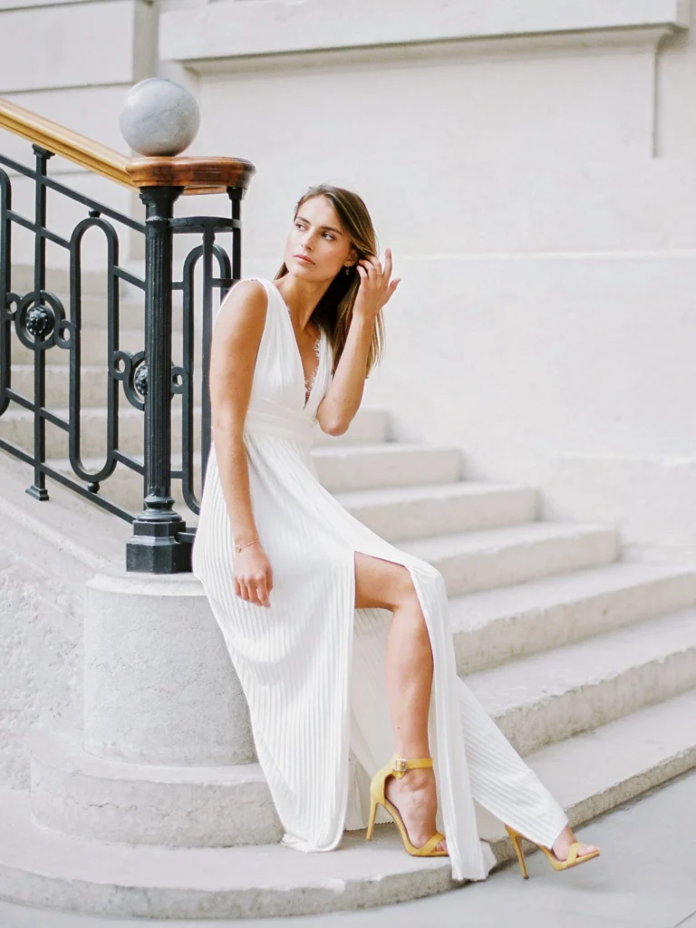 31-best-editorial-wedding-photos-pleated-white-dress-yellow-heels