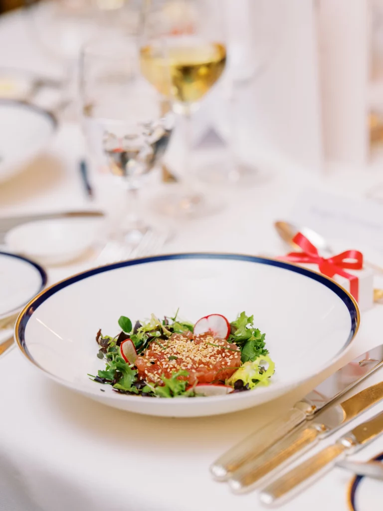 Gourmet wedding appetizer captured by a French wedding photographer at a luxury reception dinner.