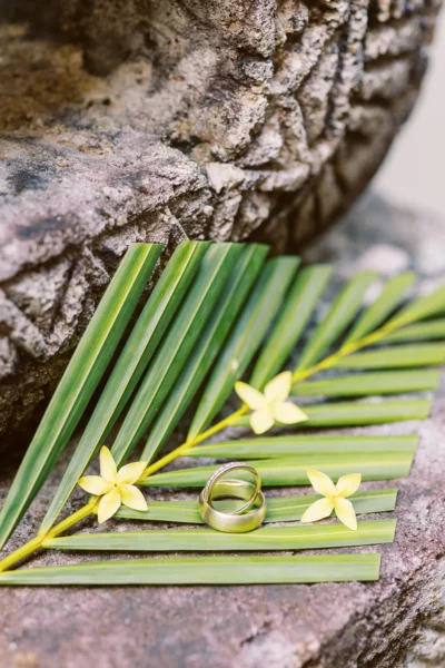 Elegant wedding rings on a palm leaf captured by a French wedding photographer in Bali, Indonesia.