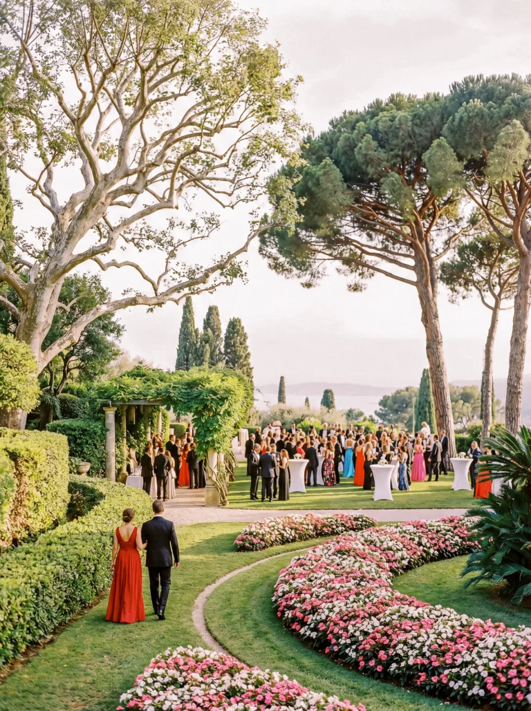 Luxury garden cocktail reception in France captured by a French wedding photographer.