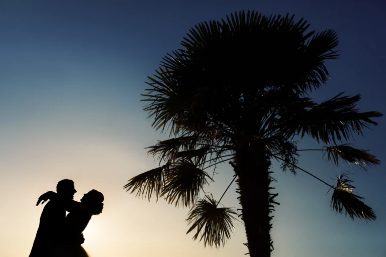 Silhouette of a couple embracing at sunset by a palm tree, French wedding photographer.