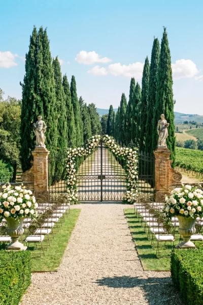 Luxury outdoor ceremony setup with white floral arch by French wedding photographer.