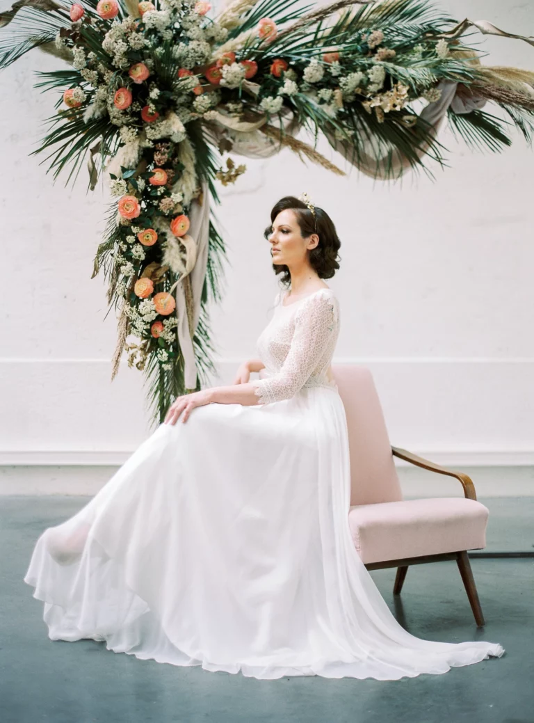 83-best-editorial-wedding-photos-bride-lace-dress-pink-chair