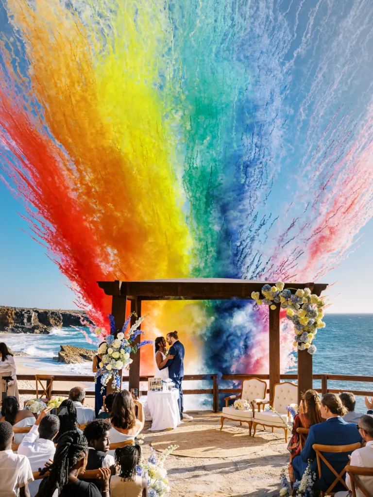 Vibrant rainbow smoke ceremony captured by a french wedding photographer wedding photographer at a luxury seaside wedding.