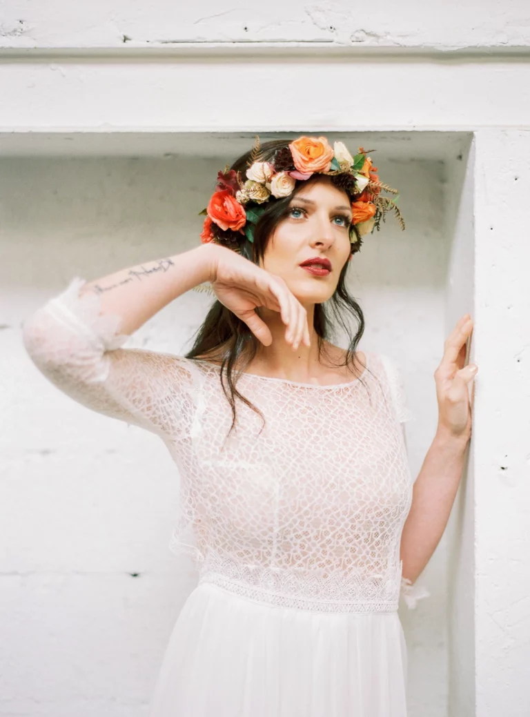 86-best-editorial-wedding-photos-boho-bride-floral-crown-lace