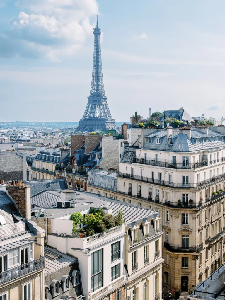 Parisian skyline with the Eiffel Tower and Haussmann rooftops by a French wedding photographer.