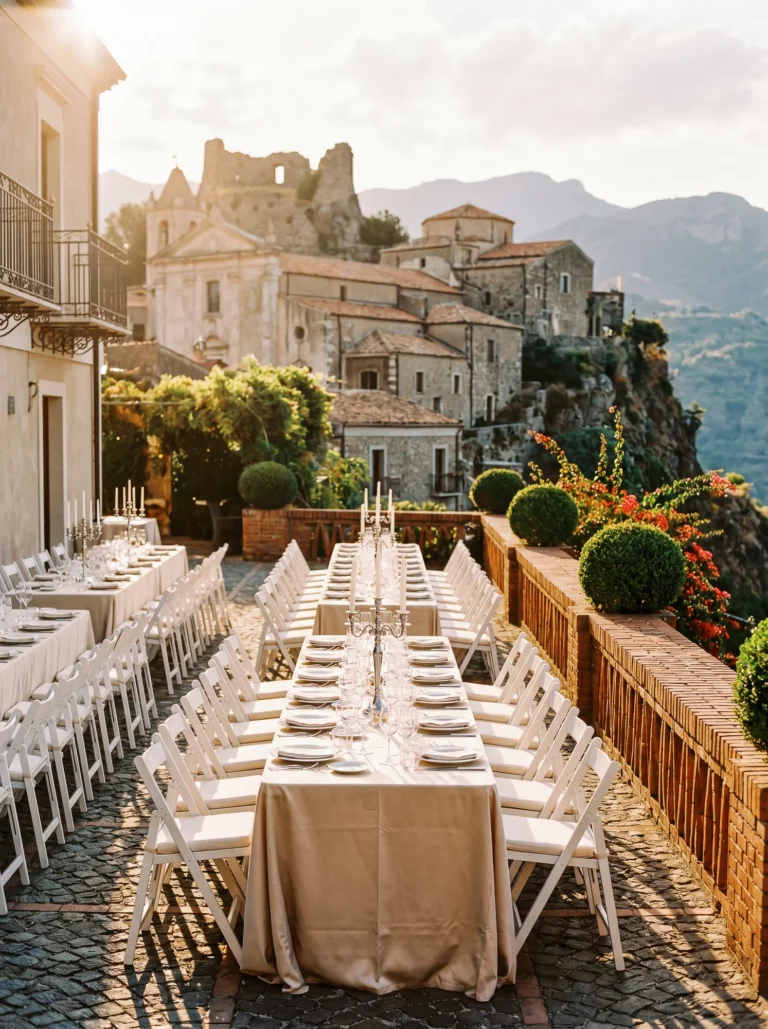 Elegant terrace reception dinner overlooking a Italianvillage by a french wedding photographer.