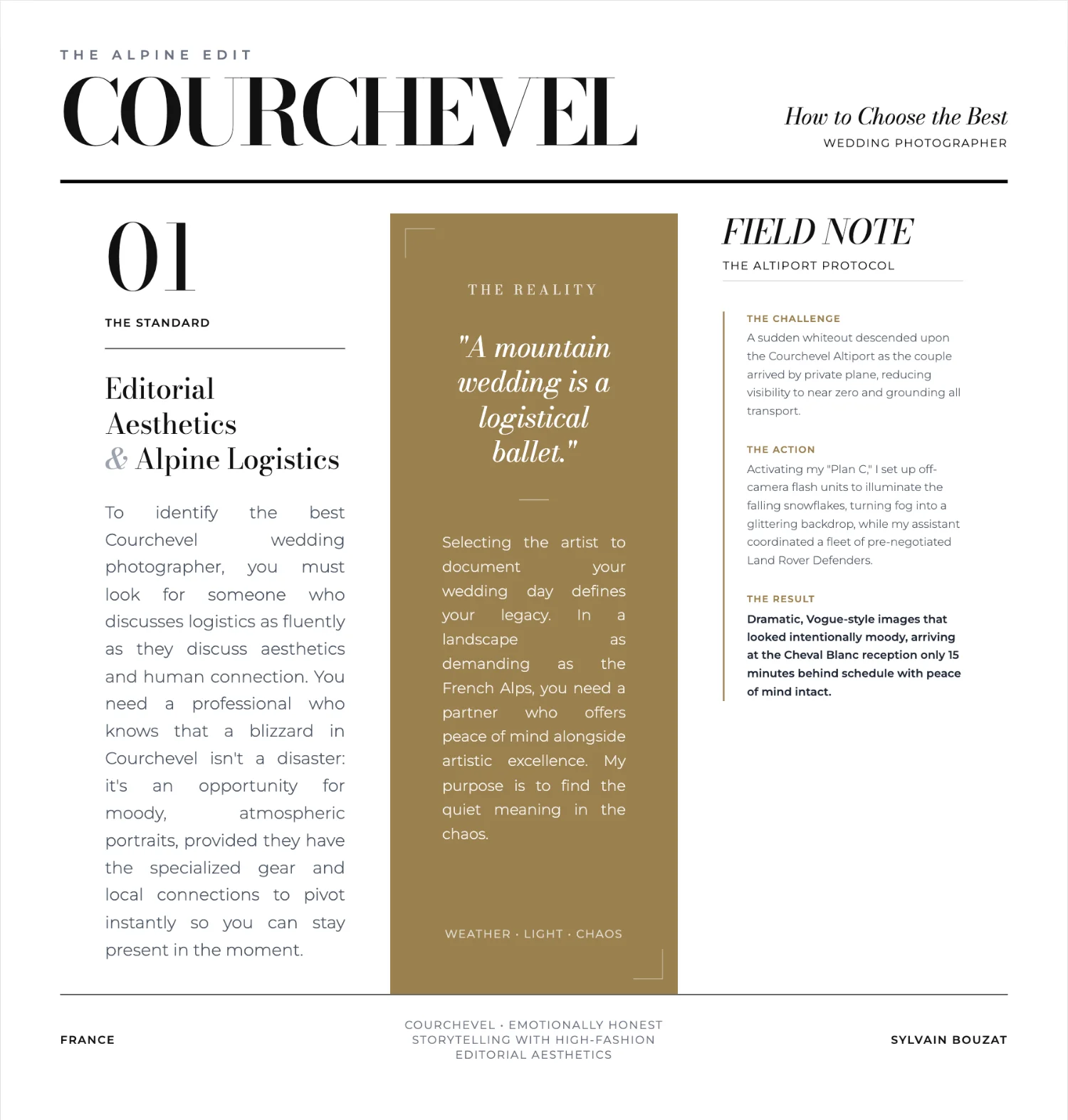 Editorial case study for a Courchevel wedding photographer featuring luxury alpine logistics and aesthetics.