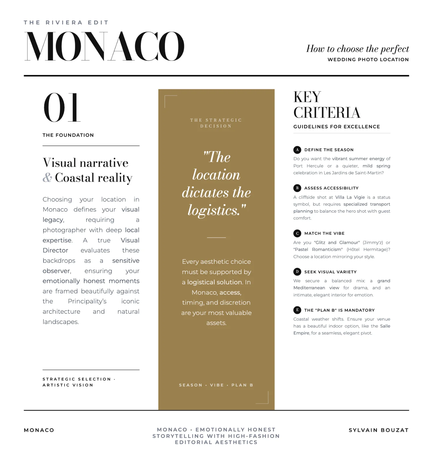 Monaco wedding guide for choosing photo locations, featuring coastal logistics and key criteria by Sylvain Bouzat.
