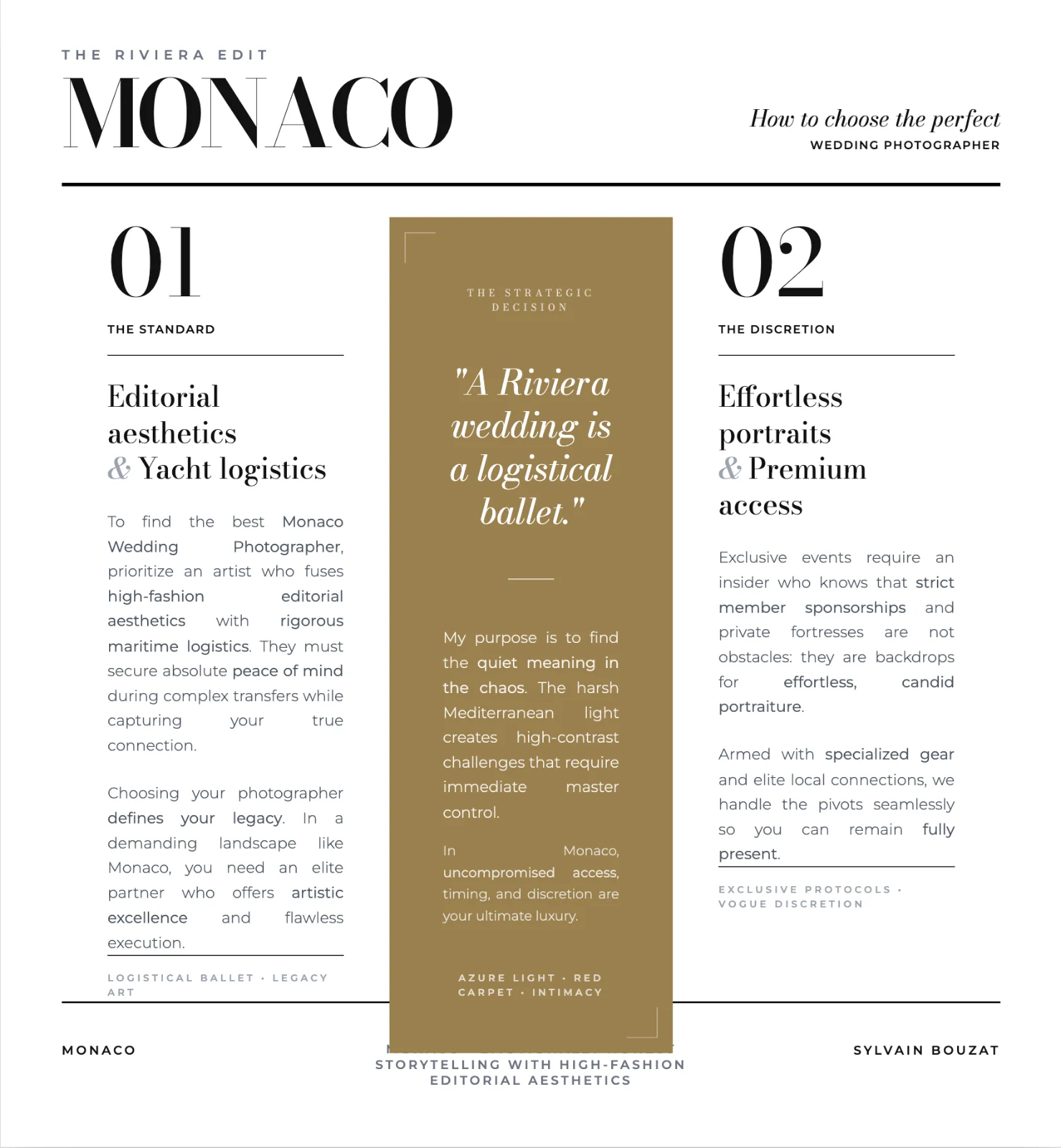 Monaco wedding guide for selecting a photographer, focusing on editorial aesthetics and yacht logistics.